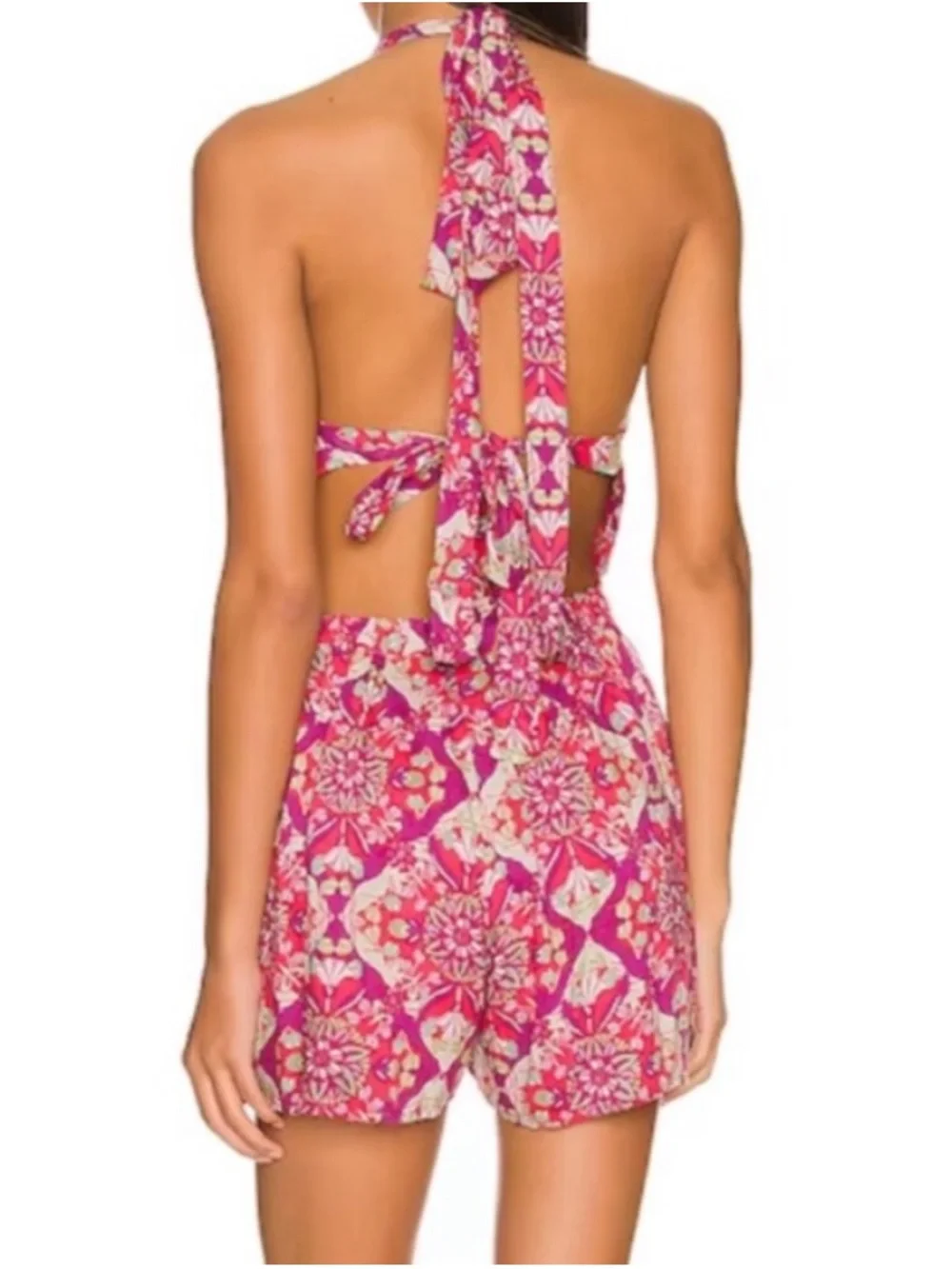Free People Coral Tides Floral Pattern High Waisted Halter Romper Onepiece